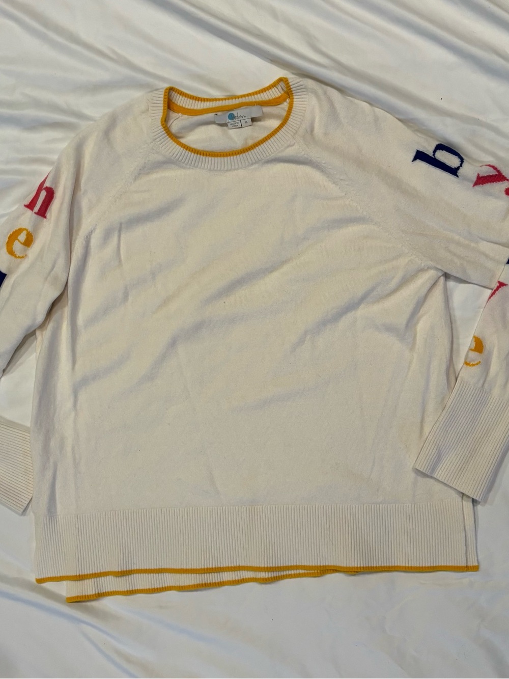Boden Cream Crewneck Hello Bye Bye Sweater with Yellow Trim and Multicolor Lette